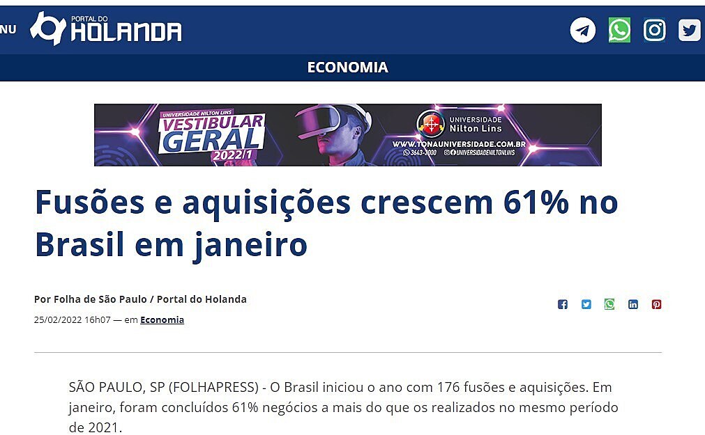 Fuses e aquisies crescem 61% no Brasil em janeiro